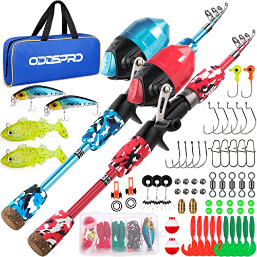 ODDSPRO Kids Fishing Pole Pink, Portable Telescopic Fishing Rod and Reel Combo Kit - with Spincast Fishing Reel Tackle Box for Girls, Youth - color: 2 pack (Blue+Red), size: 4.92 ft