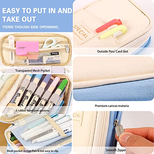 MAMUNU Large Capacity Pencil Case, Expandable Stationery Bag with Zipper Compartments, Aesthetic Pencil Case Pouch for Office College School Students Teen Girls Boys - color: LightBlue