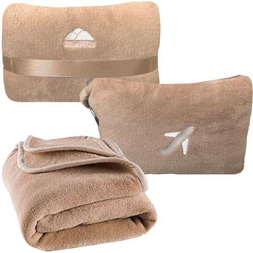 BlueHills Travel Blanket Pillow in Mini Soft Case Premium Plush Airplane Blanket Compact Luggage Belt and Backpack Clip Warm Plane Pillows Traveling Gifts Packable - Beige M06 - color: Beige-m06
