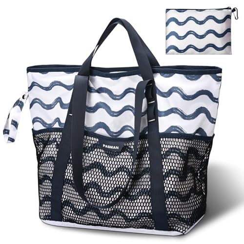 PASMAN Large Beach Bag with Zipper-8 Pockets Sandproof Beach Tote Bag for Women,Foldable Lightweight Family Swim Bag Vacation - color: Blue Wave Stripe