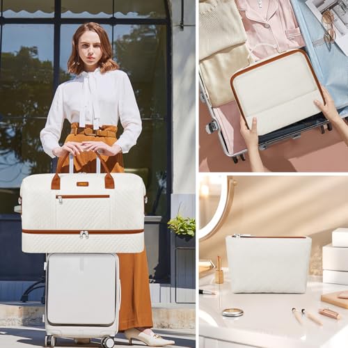 ITIEZY Weekender Overnight Bag for Women - Large Travel Duffel Bag with Shoe Compartment, Gym Duffel Bag Hospital Bag Carry On Tote Bags for Airplanes with Crossbody Bag Toiletry Bag 3Pcs Set - color: 9a-Beige