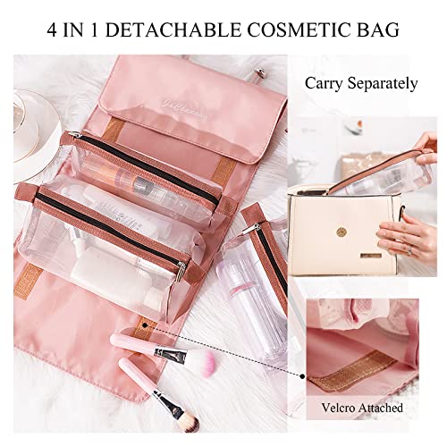 LumiSyne 4 In 1 Detachable Toiletry Bag Hanging Roll-Up Makeup Bag Large Capacity Travel Wash Bag Mesh Cosmetic Bag Portable Foldable Toiletry Bag Waterproof Cosmetic Organizer Bag For Travel Daily - color: Khaki