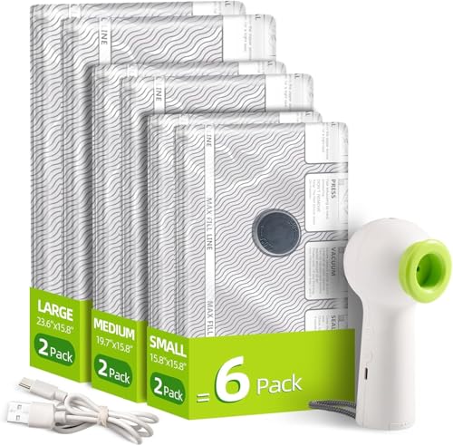 Travel Vacuum Bags with Rechargeable USB Pump, 6 Pack Carry-On Size Vacuum Travel Bags for Luggage & Suitcase, Vacuum Bags for Travel, Space Saver Compression Bags for Clothes & Clothing - style: 6 Vacuum Bags + Wirelwss Charging Pump