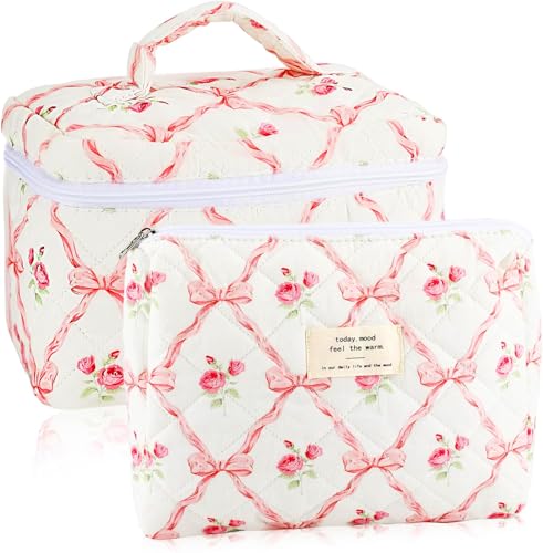 URSKYTOUS 2Pcs Cotton Quilted Makeup Bag for Women Girls Large Small Travel Floral Cosmetic Bags Set Cute Coquette Pink Makeup Pouch for Purse Aesthetic Cloth Flower Storage Toiletry Bag Organizer - color: RJ 2PCS Pink Bow