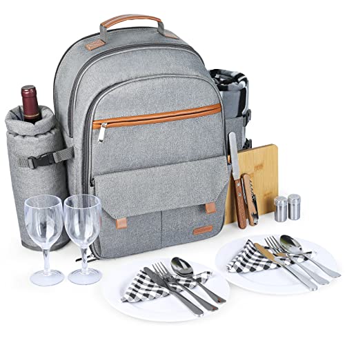 Sunflora Insulated Picnic Backpack for 2 Person Bag with Cooler Compartment, Wine Pouch, Blanket and Stainless Steel Cutlery Set for Couple, Lovers and Friends (Grey) - color: Gray, size: 2 person