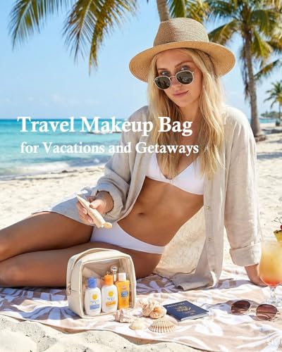 Pocmimut Mini Makeup Bag with Small Cosmetic Bag Travel Essentials Organizers,TSA Approved Toiletry Bag Makeup Pouch Clear Cosmetic Bags for Women,Beige - color: Beige, style: Small+mini
