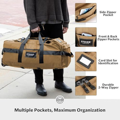 STOVER 45/80/100L Rolling Duffel Bag with Wheels, Large Durable Travel Duffle + Toiletry Bag, Heavy Duty, Packable, Foldable with Shoulder Straps- Use as Luggage or Backpack, Men/Women (Tan) - color: Tan