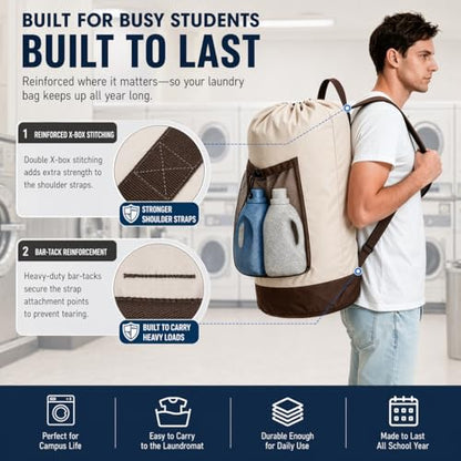 Canvans Laundry Bag Backpack, Large Travel Laundry Bag with Shoulder Straps, Drawstring Closure & Mesh Pocket, Clothes Hamper for Dorm, Travel, Laundromat (Khaki) - color: Khaki