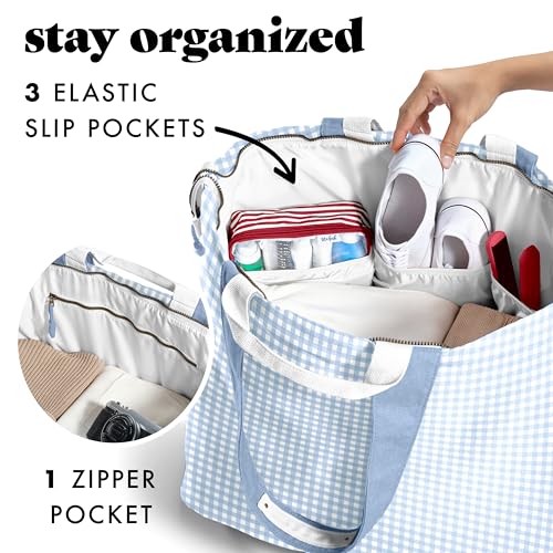Fit & Fresh XL Beach Tote Bag for Women – XL Travel Tote with Zipper & Pockets, Oversized Canvas Pool Bag, Weekender Carry-On - color: Blue Gingham