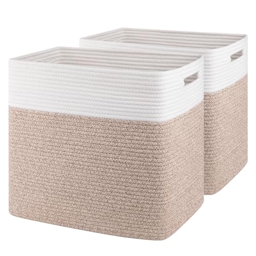 OIAHOMY Storage baskets for Shelf, Large Collapsible Storage Bins, Blanket Basket Living Room, 16.5 x 13 x 15 Inches-Pack of 2-Brown - color: Brown, size: 16.5" x 13" x 15"