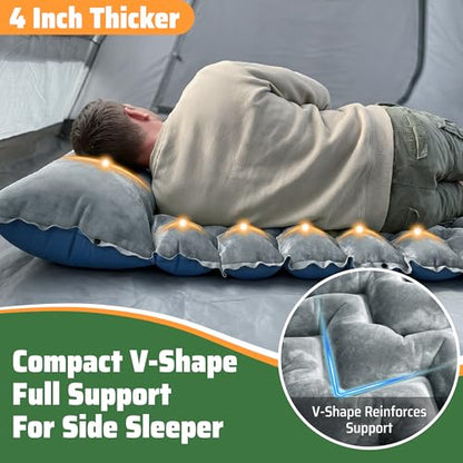 Sleeping Pad for Camping, Ultralight 4in Extra-Thick Camp Mat with Built-in Foot Pump & Pillow, Compact Camp Air Mattress for Backpacking, Hiking, Tent, Car, Travel Gear Gift - color: Crystal Velvet Grey+blue Nylon