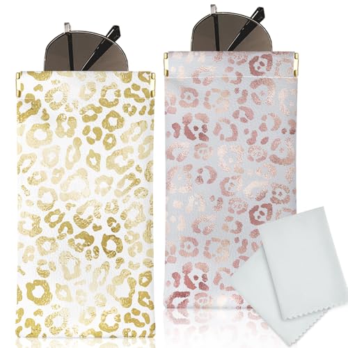 Glasses Case Soft, Eyeglass Cases for Women Portable Squeeze Top PU Leather 2 Pack Glasses Pouch with Cleaning Cloth - color: 2pcs Pink Leopard+gold Leopard