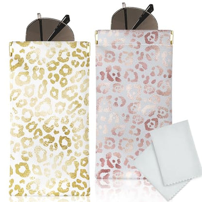 Glasses Case Soft, Eyeglass Cases for Women Portable Squeeze Top PU Leather 2 Pack Glasses Pouch with Cleaning Cloth - color: 2pcs Pink Leopard+gold Leopard