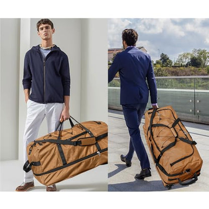 Bagenerous 110L/140L Expandable Soft-Sided Foldable Duffle Bag with 2 Rubber Wheels,Packable 32” Rolling Carry-On with Multi-Pockets & Compartments,Coffee - color: Coffee