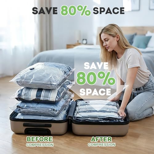 12 Pack Vacuum Seal Bags for Clothing Travel with -60000Pa USB Pump, Save 80% of Space for Clothes (12 Combo Size) - size: 12 Combo Size