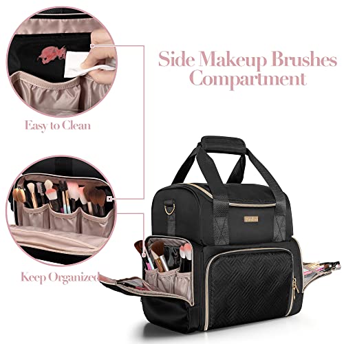Large Cosmetic Bag with 3 Removable Case, Double Layer Travel Organizer with Inner Dividers and Makeup Brushes Storage Section, Black (Patented Design) - color: Black