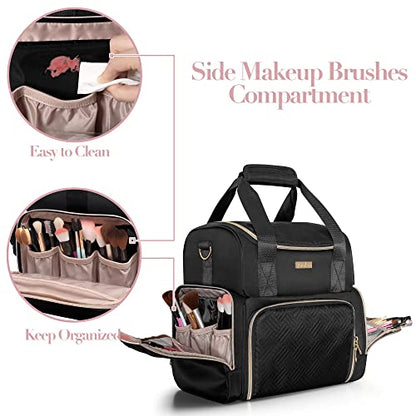 Large Cosmetic Bag with 3 Removable Case, Double Layer Travel Organizer with Inner Dividers and Makeup Brushes Storage Section, Black (Patented Design) - color: Black