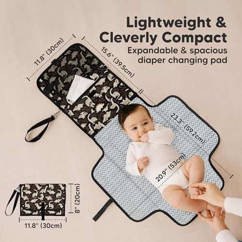 KeaBabies Portable Diaper Changing Pad, Travel, Car - Large Waterproof Baby Changing Mat, Wipeable, Padded, On The Go Travel Diaper Clutch Bag, Easy to Use Pockets for Newborn Essentials (Dino Ridge) - color: Dino Ridge