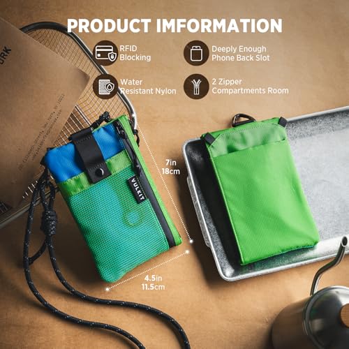 VULKIT RFID Blocking Travel Wallet for Men Women, Water Resistant Passport & Phone Holder with Detachable Lanyard and Key Ring, Lightweight Zipper Travel Wallet - color: Green