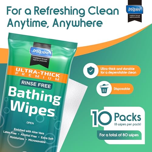 Inspire Ultra Thick Rinse-Free Bath Towels | Shower Towels - Flush-Free Wet Wipes with Aloe | Thick Strong Extra Large Towel for Adults | Body Wipes for Adults Bathing - style: Ultra Thick 10 Packs Of 8