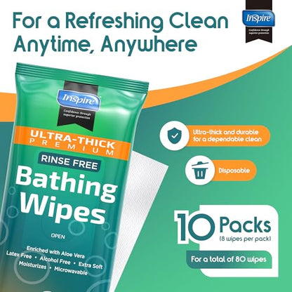 Inspire Ultra Thick Rinse-Free Bath Towels | Shower Towels - Flush-Free Wet Wipes with Aloe | Thick Strong Extra Large Towel for Adults | Body Wipes for Adults Bathing - style: Ultra Thick 10 Packs Of 8