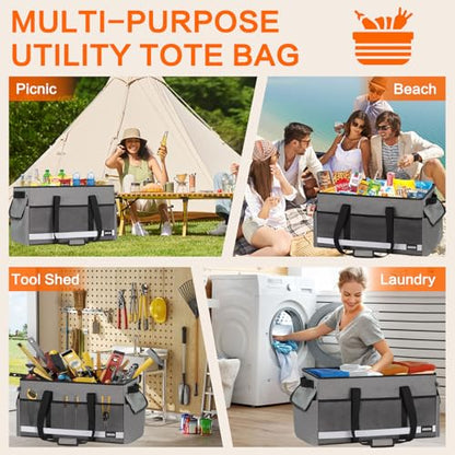 Upgrade Extra Large Utility Tote Bag with Reflective Strip, Standing Reusable Grocery Bags with Hard Bottom & 4 Sided Reinforced, Collapsible Utility Tote with Handles for Beach, Picnics, Car - color: Grey