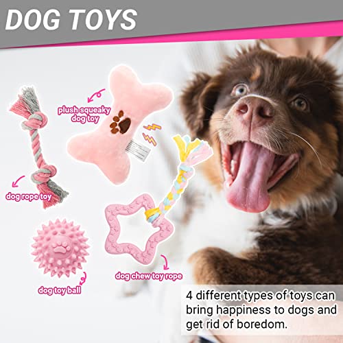 FLYSTAR Puppy Starter Kit for Small Dogs, 26 pcs Dog Supplies, Dog Toys, Collar & Leash, Training Clicker, Treat Bag, Poop Waste Bag with Dispenser, Blanket, Grooming Glove, Bowls, Toothbrush, etc - color: Pink, size: 26 pcs