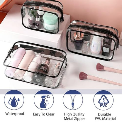 6 Pieces Clear Cosmetics Bag Bulk, TSA Approved Toiletry Bag for Travel, PVC Zippered Clear Pouch Cosmetic Makeup Bag Waterproof Vinyl Plastic Organizer Case for Vacation Bathroom (Large) - color: 6 Large Black
