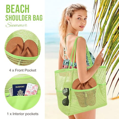KPX Beach Bag with Mini Pocket, Summer Beach Tote Bags for Women Large Foldable Mesh Swimming Pool Travel Bags - Sandproof - color: Green