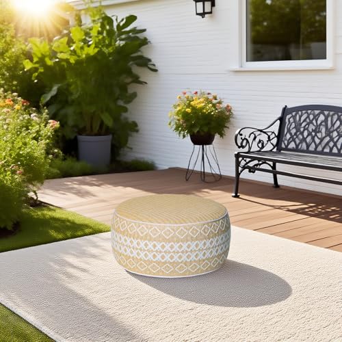 Outdoor Inflatable Ottoman with Air Pump, Embroidery Patio Footrest Stool D21”x H9”, Round Pouf Ottoman with Portable Handle Suitable for Garden, Camping, Bedroom, Living Room - color: White Embroidery