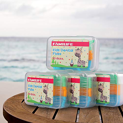 FAMILIFE Floss Picks, 120 Pcs Kid's Dental Floss Cleaner Without Fluoride, Tooth Pick Flossers with 4 Travel Handy Cases, Helps to Fight Tooth Decay and Keep Your Kids’ Teeth Clean, for Family - color: Giraffe 120 Pcs