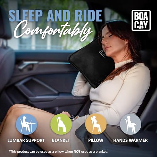 BOACAY Soft & Warm Travel Blanket for Airplane & Car - Long Flight Essential for Women, Men, Kids - Compact Pillow with Luggage Sleeve & Backpack Clip - color: Black