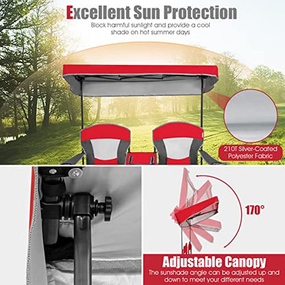 S AFSTAR Double Camping Chair w/Shade Canopy, 2-Person Folding Camp and Beach Chair with Mini Table Beverage Cup Holder Carrying Bag, Collapsible Camping Chairs for Garden Patio Pool Beach - color: Red