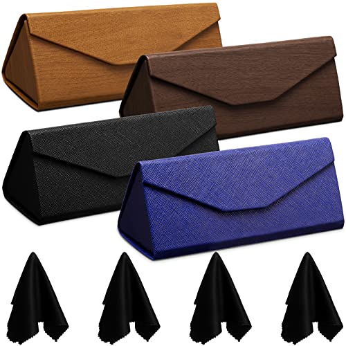 Flutesan 4 Pack Foldable Glasses Sunglasses Case PU Hard Shell Collapsible Eyeglasses Leather Case 4 Cleaning Cloths - color: Classic Color