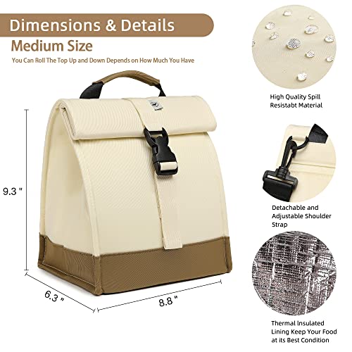 SUNNY BIRD Insulated Lunch Bag Rolltop Lunch Box Medium Lunch Cooler Tote for Women, Girls, Teens and Adults (White) - color: White