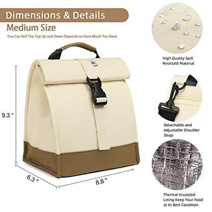 SUNNY BIRD Insulated Lunch Bag Rolltop Lunch Box Medium Lunch Cooler Tote for Women, Girls, Teens and Adults (White) - color: White