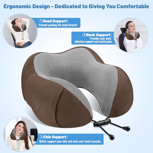 CloudBliss Travel Pillow for Plane, Memory Foam Neck Pillow for Travel, Airplane Pillow with Eye Mask, Earplugs, Storage Bag, Compact Neck Pillow for Long Flight, Car & Office, Trip Essentials, Brown - color: Brown