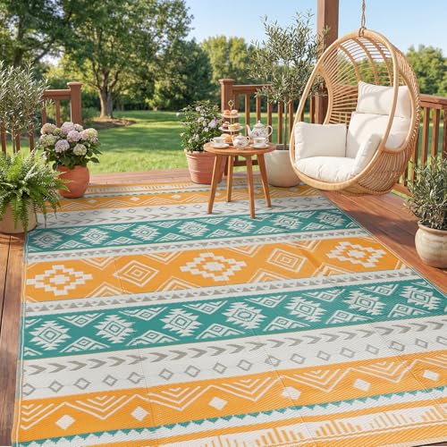 Outdoor Area Rug 6x9 Waterproof Patio Rug Reverisble Plastic Straw Outdoor Mat, Portable RV Mat Carpet for Deck, Camper, Porch, Balcony, Backyard, Picnic, Yellow - color: Yellow, size: 6' x 9' (Rectangular)