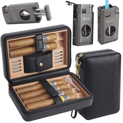Travel Cigar Humidor Case Cigar Cutter and Lighter Set Cedar Wood Lined PU Leather Cigar Travel Case V Cut Cigar Cutter Cigar Punch Holds 6 Cigars No Butane in Lighter, Minor Works, Black