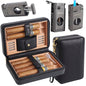 Travel Cigar Humidor Case Cigar Cutter and Lighter Set Cedar Wood Lined PU Leather Cigar Travel Case V Cut Cigar Cutter Cigar Punch Holds 6 Cigars No Butane in Lighter, Minor Works, Black