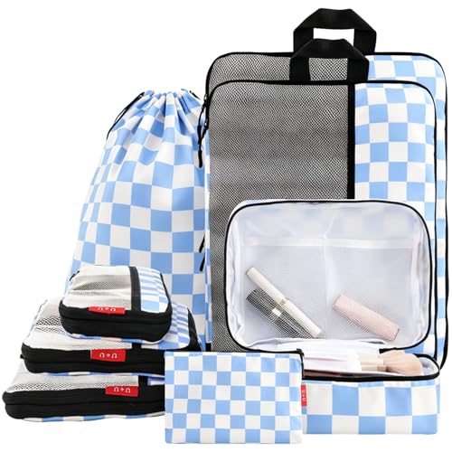U+U 8 Set Compression Packing Cubes - Ultralight Travel Organizers with Laundry Bag and Cosmetic Bag, Space-Saving Suitcase Organizer for Travel, Business Trip and Family Vacation (Blue Checkered) - color: Blue Checkered, size: 8 Set