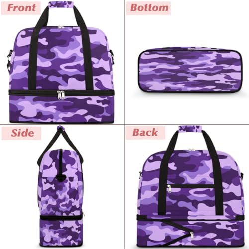 Travel Duffle Bags With Shoes Compartment for Women Men Purple Camouflage Camo Lightweigh Sports Tote Gym Bag Foldable Canvas Weekender Overnight Carry On Luggage Handle Bag - color: A05: Purple Camouflage Camo