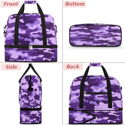 Travel Duffle Bags With Shoes Compartment for Women Men Purple Camouflage Camo Lightweigh Sports Tote Gym Bag Foldable Canvas Weekender Overnight Carry On Luggage Handle Bag - color: A05: Purple Camouflage Camo