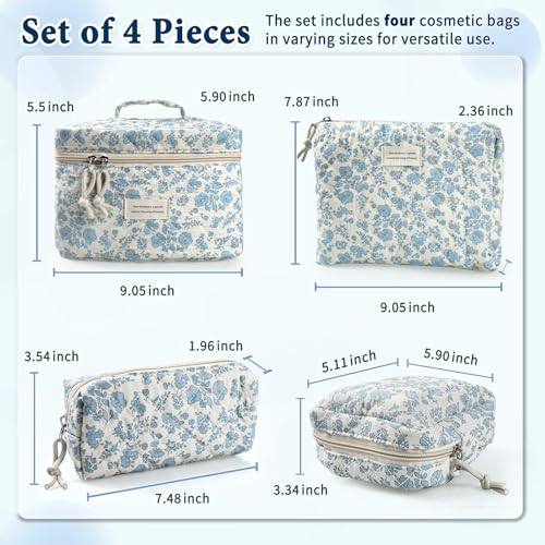 NATINSA Cute Makeup Bag for Women(2 Pcs), Travel Cosmetic Bags, Quilted Coquette Aesthetic Floral Toiletry Organizer Bag (46 - Sky Blue/4Pcs) - color: 46 - Sky Blue/4Pcs