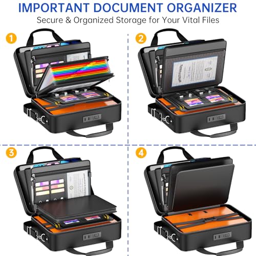 5200℉ Fireproof Document Box with lock, Hard-Shell Case File Organizer with 24 Pocket Accordion File Folder, Portable Safe Box with Shoulder Strap for Home Important Documents Laptop Black