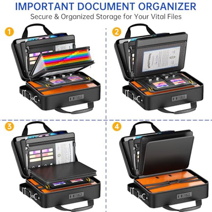 5200℉ Fireproof Document Box with lock, Hard-Shell Case File Organizer with 24 Pocket Accordion File Folder, Portable Safe Box with Shoulder Strap for Home Important Documents Laptop Black