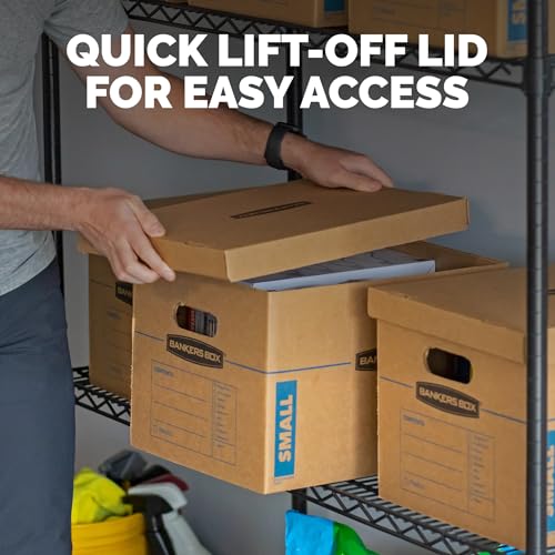 Bankers Box Small Classic Moving Box 10 Pack, Reinforced Handles, Tape-Free Assembly, Box with Lid, 15" x 12" x 10", Cardboard - size: Small, 10 Count (Pack of 1)