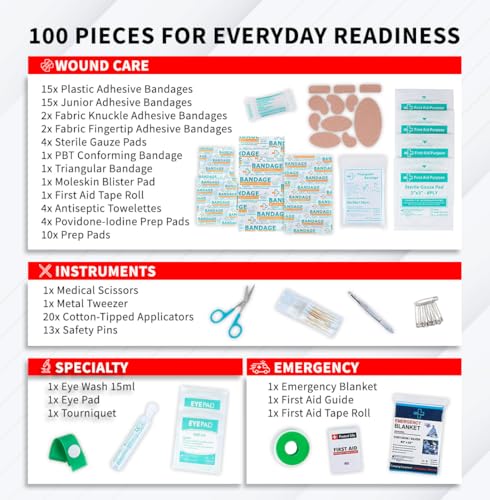 Protect Life Doctor Developed Mini First Aid Kit, 100 Piece Waterproof Emergency Kit for Car, Boat, Camping & Travel, Includes Emergency Blanket, Tourniquet & First Aid Guide - size: 100 Pieces Kit