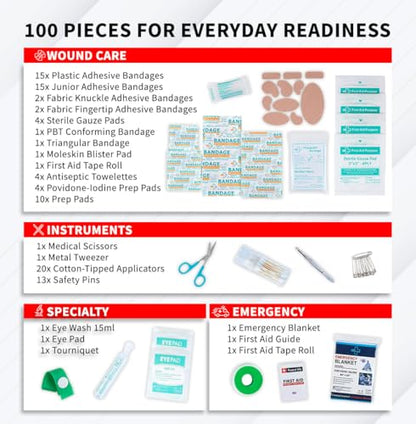 Protect Life Doctor Developed Mini First Aid Kit, 100 Piece Waterproof Emergency Kit for Car, Boat, Camping & Travel, Includes Emergency Blanket, Tourniquet & First Aid Guide - size: 100 Pieces Kit