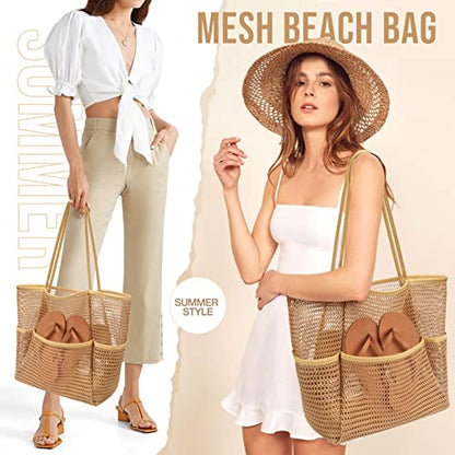 KPX Beach Bag with Mini Pocket, Summer Beach Tote Bags for Women Large Foldable Mesh Swimming Pool Travel Bags - Sandproof - color: Khaki